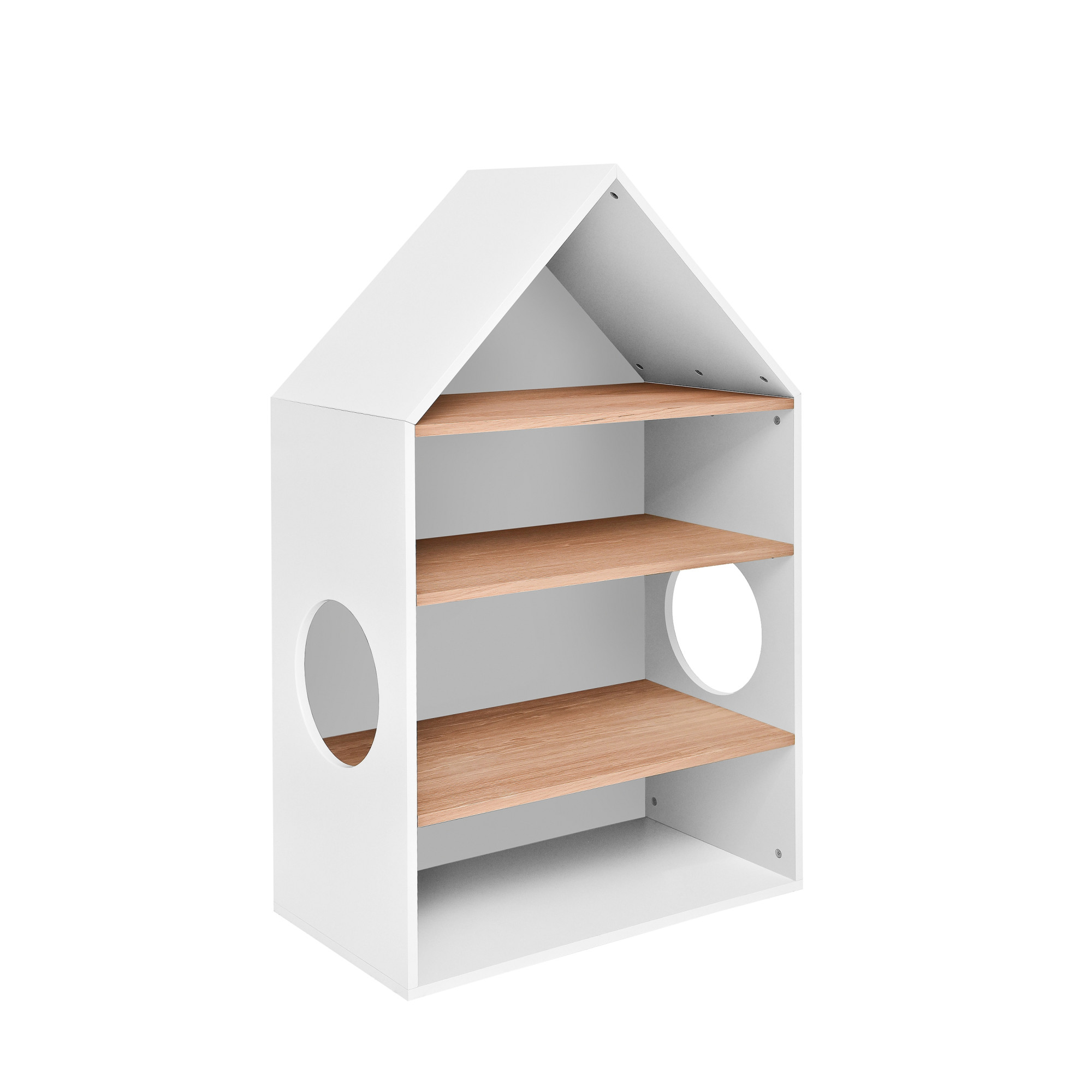 Biblioteca tip casuta, 3 rafturi din lemn de stejar, MDF, stil modern, colectia Nomi