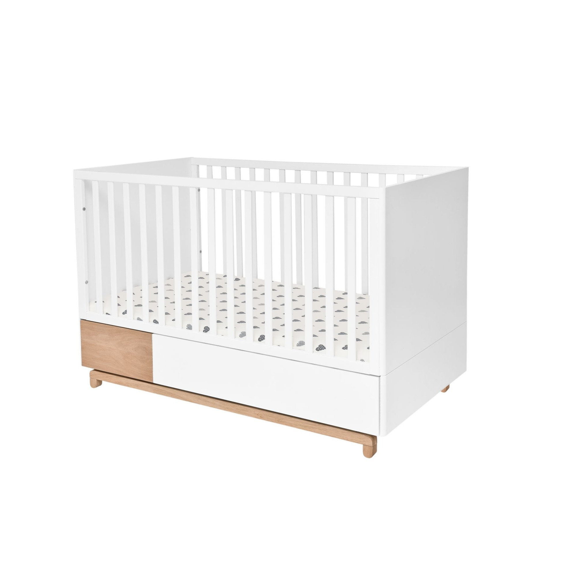 Patut bebe transformabil, cu sertar, MDF picioare lemn stejar, stil modern 140 x 70 cm, colectia NOMI