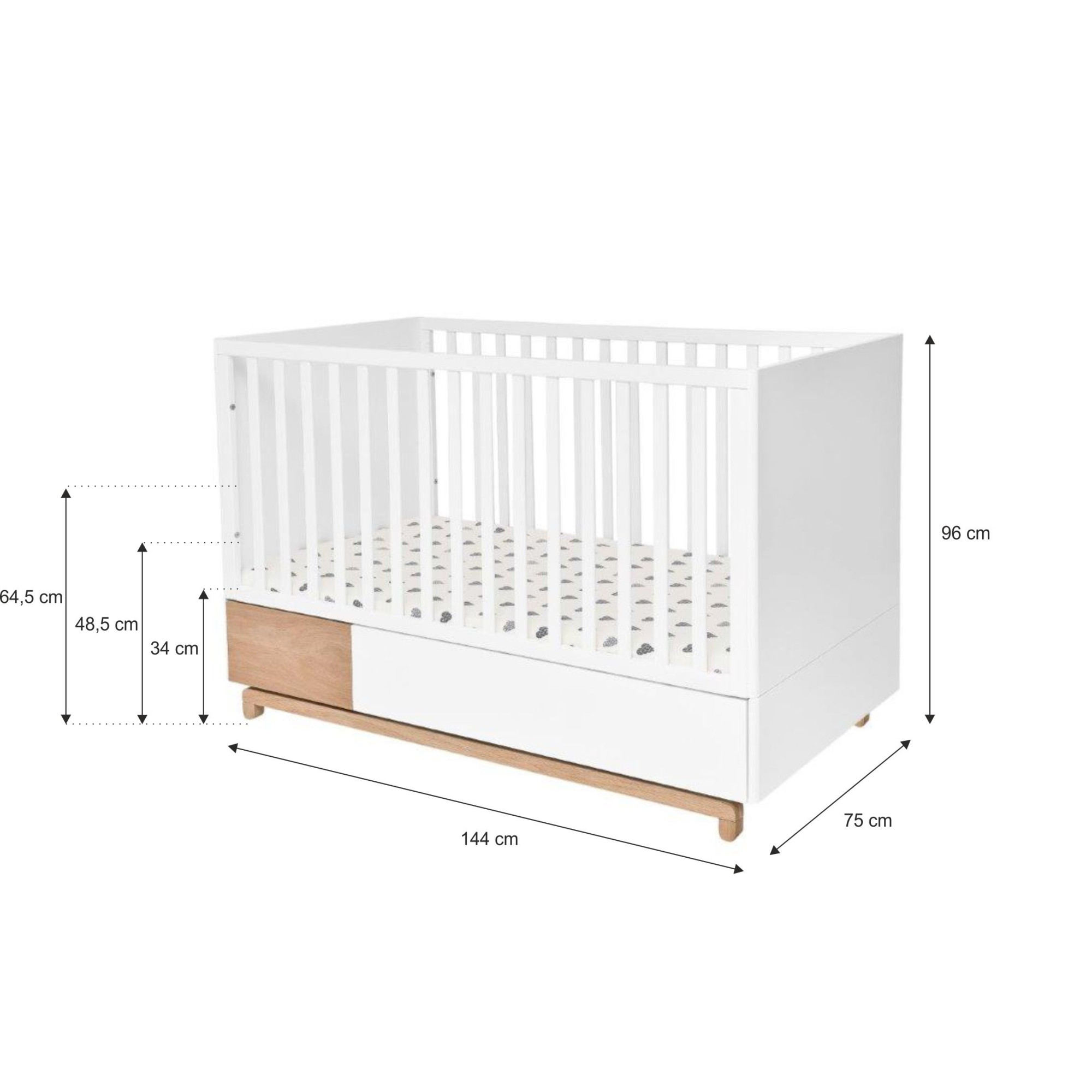 Patut bebe transformabil, cu sertar, MDF picioare lemn stejar, stil modern 140 x 70 cm, colectia NOMI
