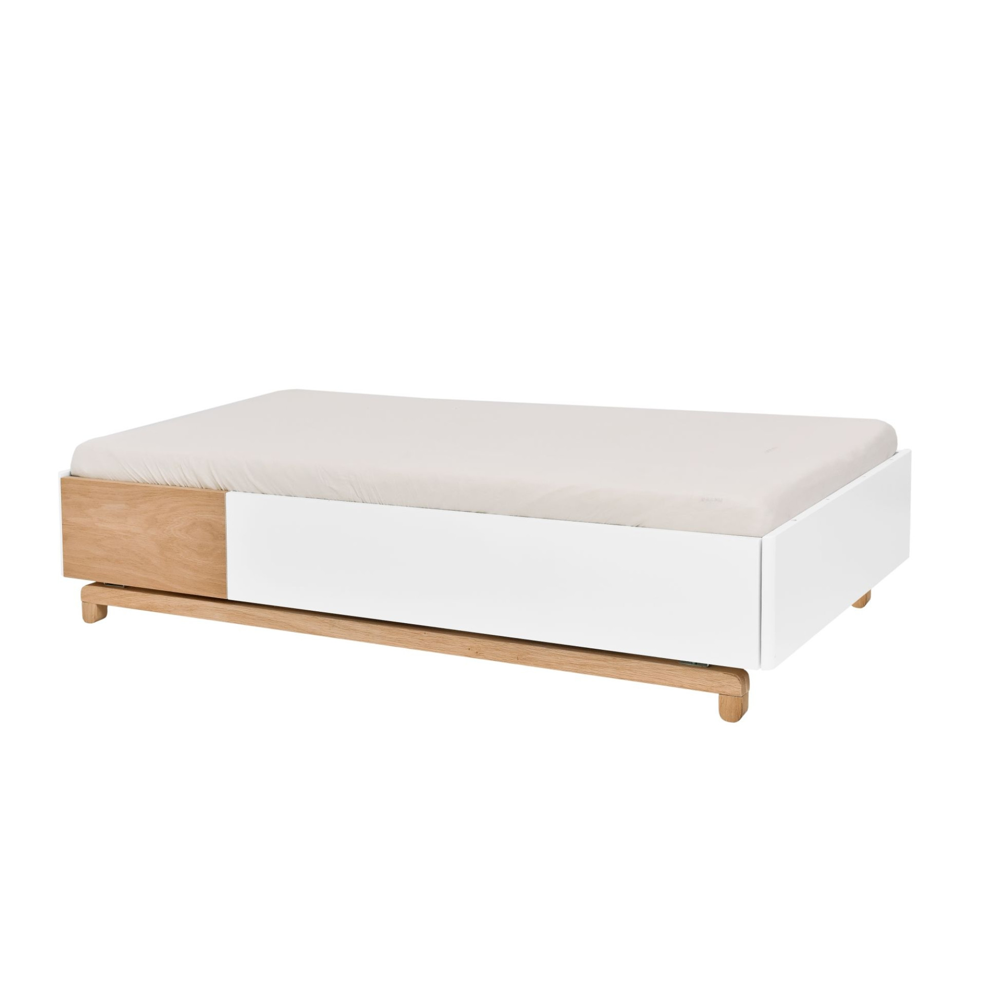 Patut bebe transformabil, cu sertar, MDF picioare lemn stejar, stil modern 140 x 70 cm, colectia NOMI