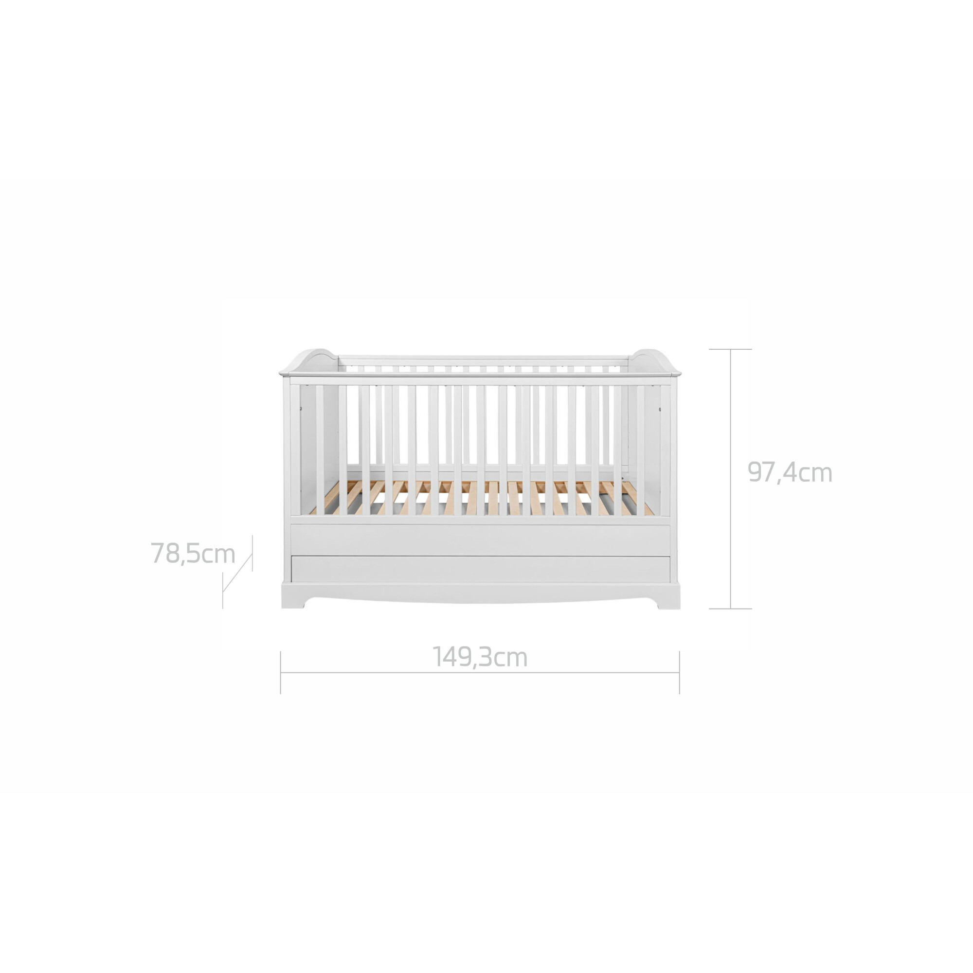 Patut bebe cu sertar, MDF/Lemn, ALB, stil clasic-romantic, 70x140 cm, colectia Royal