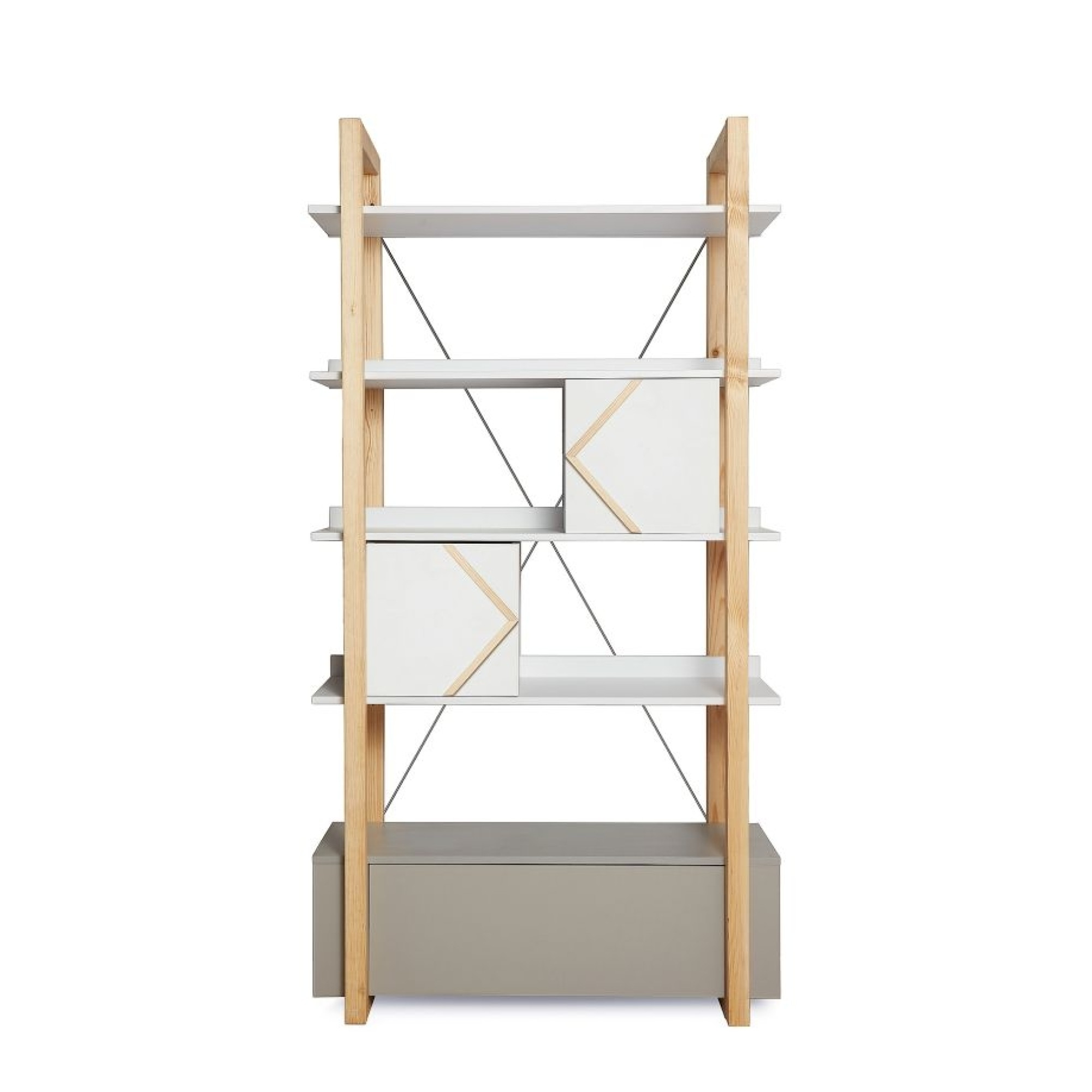 Biblioteca 5 rafturi, 2 dulapioare, cadru de Lemn, stil Montessori, 190x100 cm, colectia PINETTE