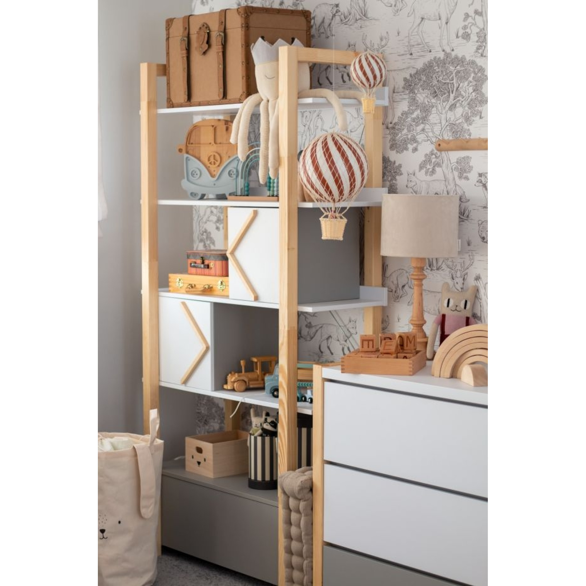 Biblioteca 5 rafturi, 2 dulapioare, cadru de Lemn, stil Montessori, 190x100 cm, colectia PINETTE