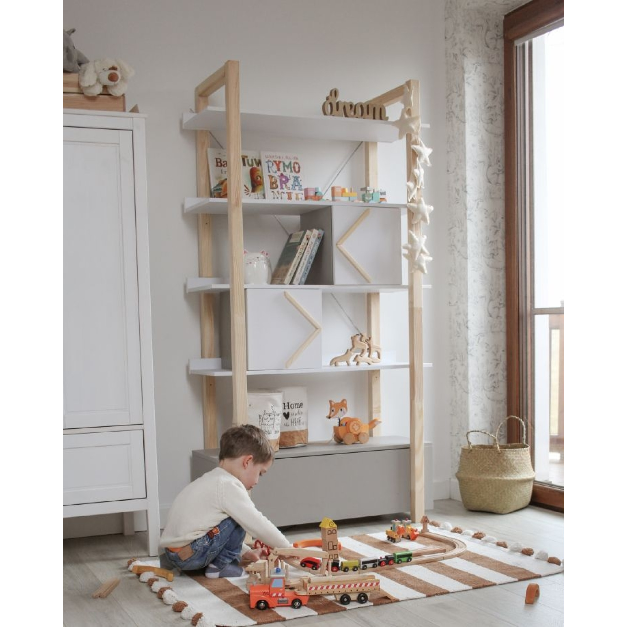 Biblioteca 5 rafturi, 2 dulapioare, cadru de Lemn, stil Montessori, 190x100 cm, colectia PINETTE