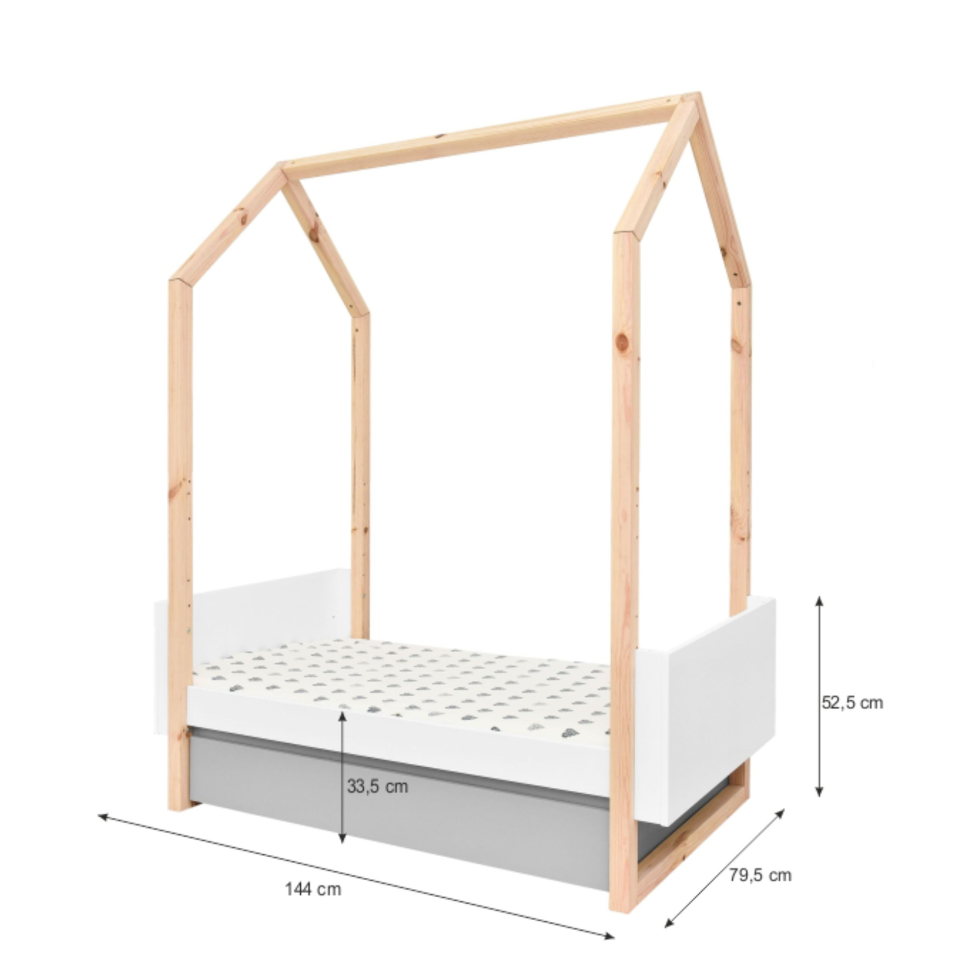Patut bebe tip casuta, transformabil, cu sertar, Cadru de lemn, stil montessori, 140/160 x 70 cm colectia PINETTE