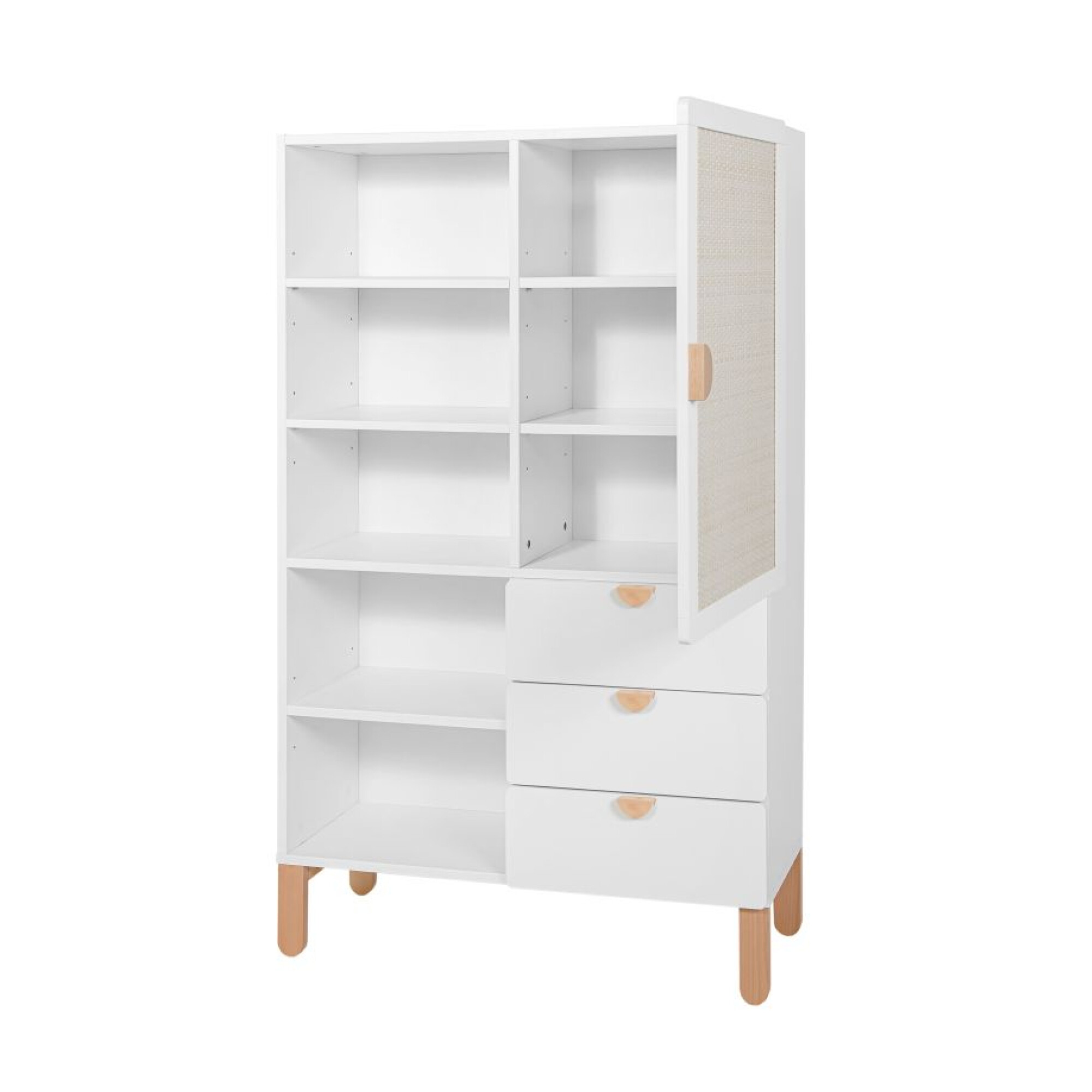 Biblioteca 5 rafturi cu usa si 3 sertare, MDF/lemn de fag, stil Scandinav, Ratan