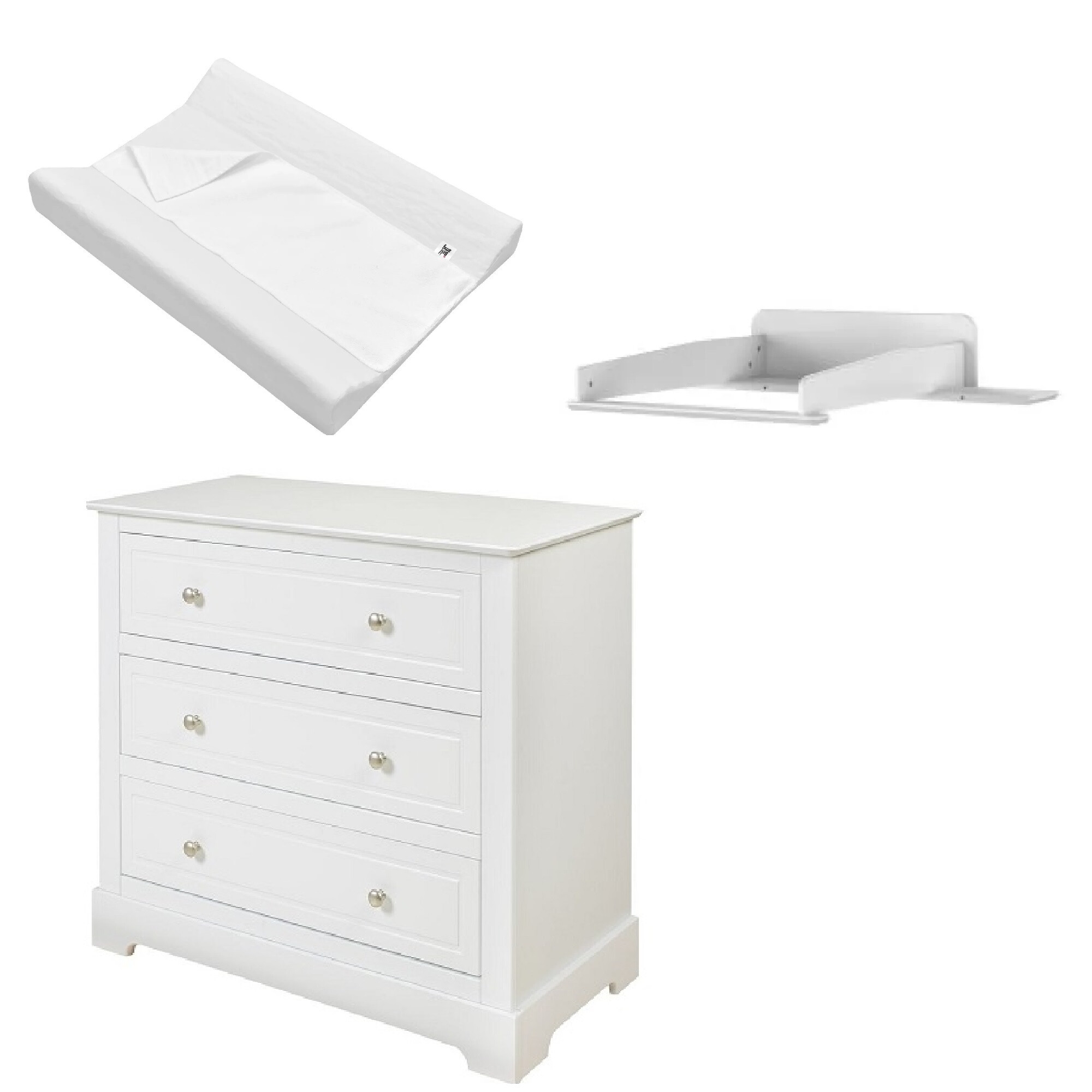 Comoda cu masa de infasat si salteluta, 3 piese, MDF Alb, stil clasic romantic, colectia Marylou