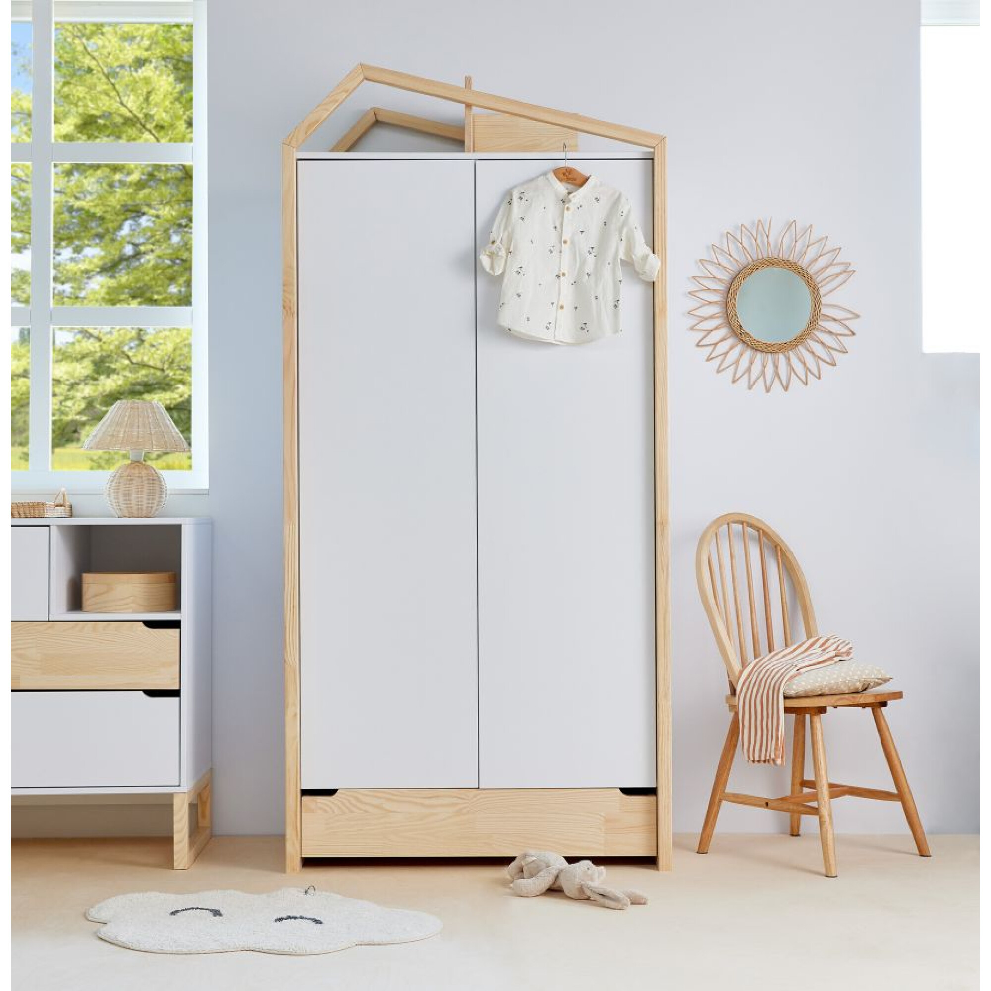 Dulap Montessori, tip casuta, 2 usi, sertar, MDF/lemn de pin, ALB, colectia TATAM, 210x100 cm 