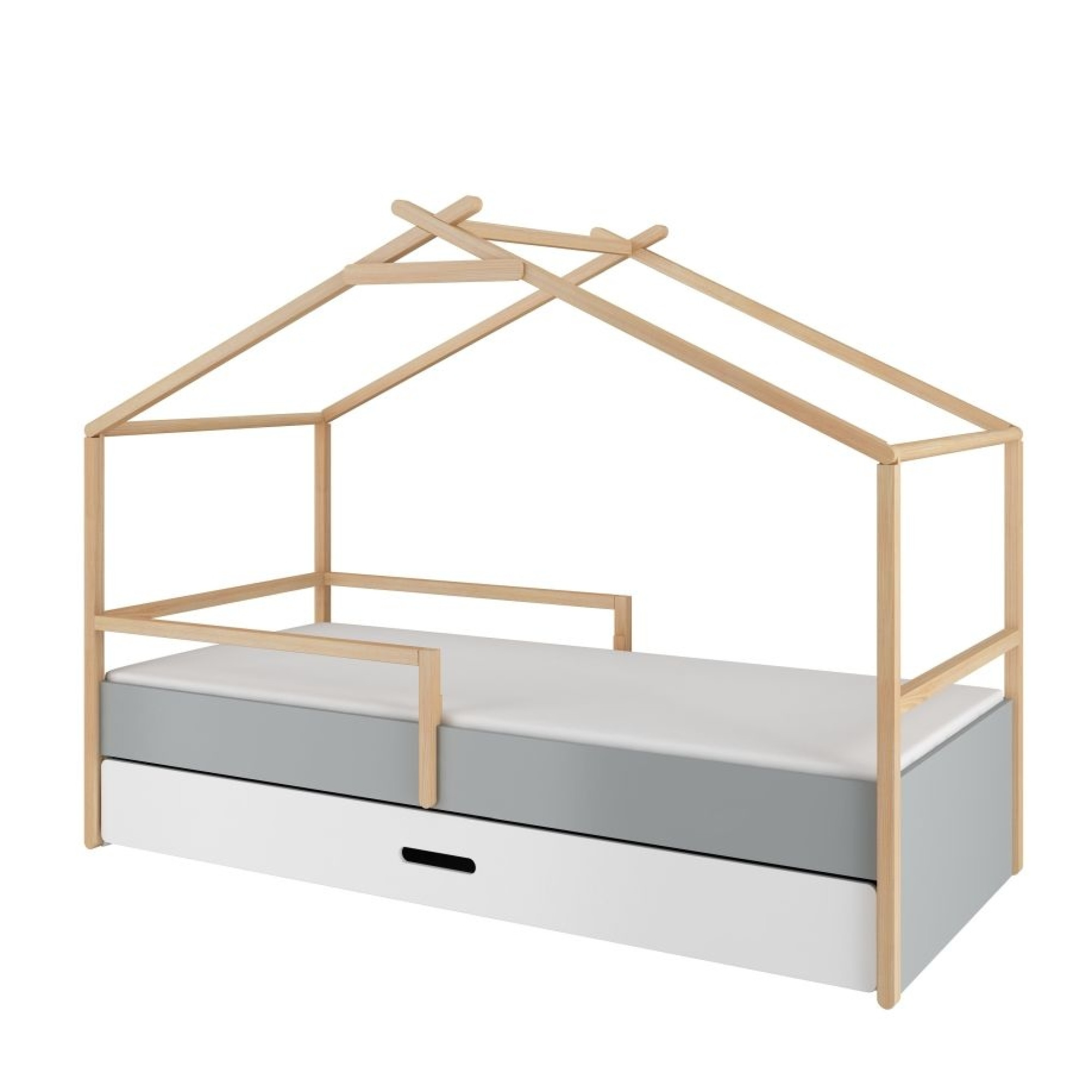 Pat tip casuta, cu sertar, cadru de Lemn, stil Montessori, 90x200, colectia TeePee