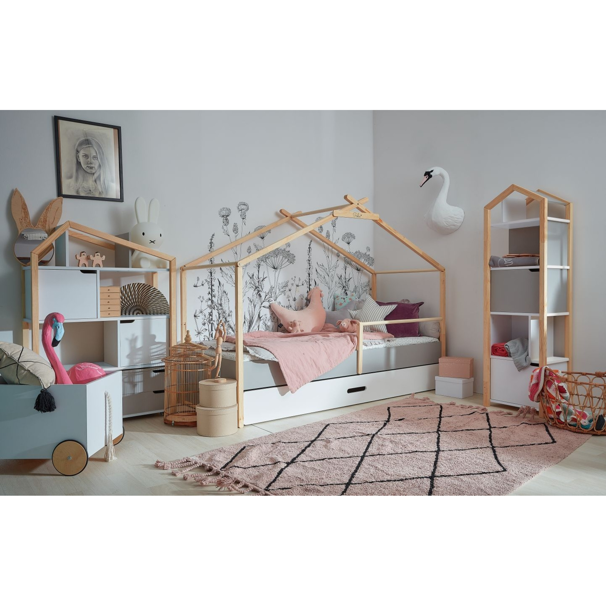 Pat tip casuta, cu sertar, cadru de Lemn, stil Montessori, 90x200, colectia TeePee