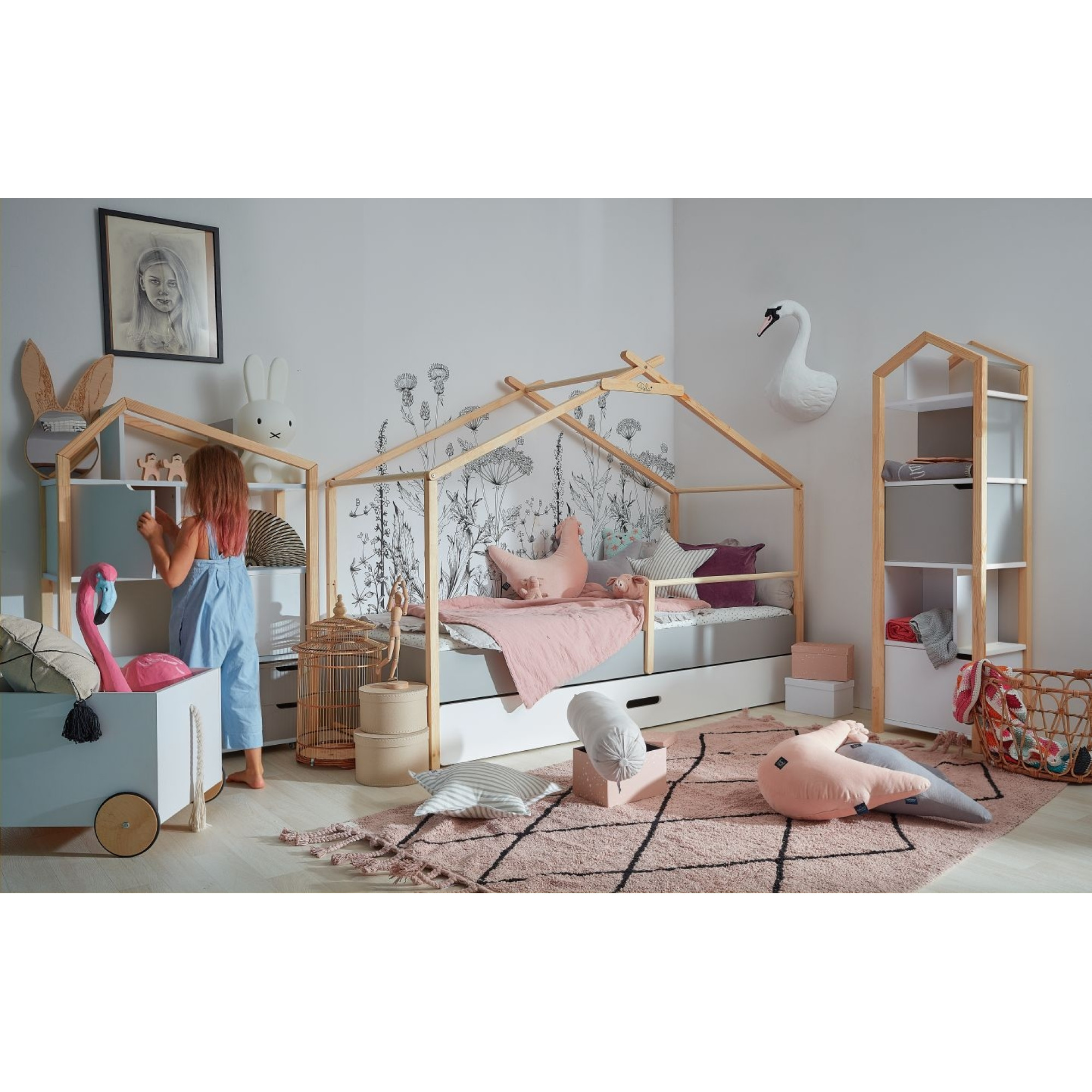 Pat tip casuta, cu sertar, cadru de Lemn, stil Montessori, 90x200, colectia TeePee
