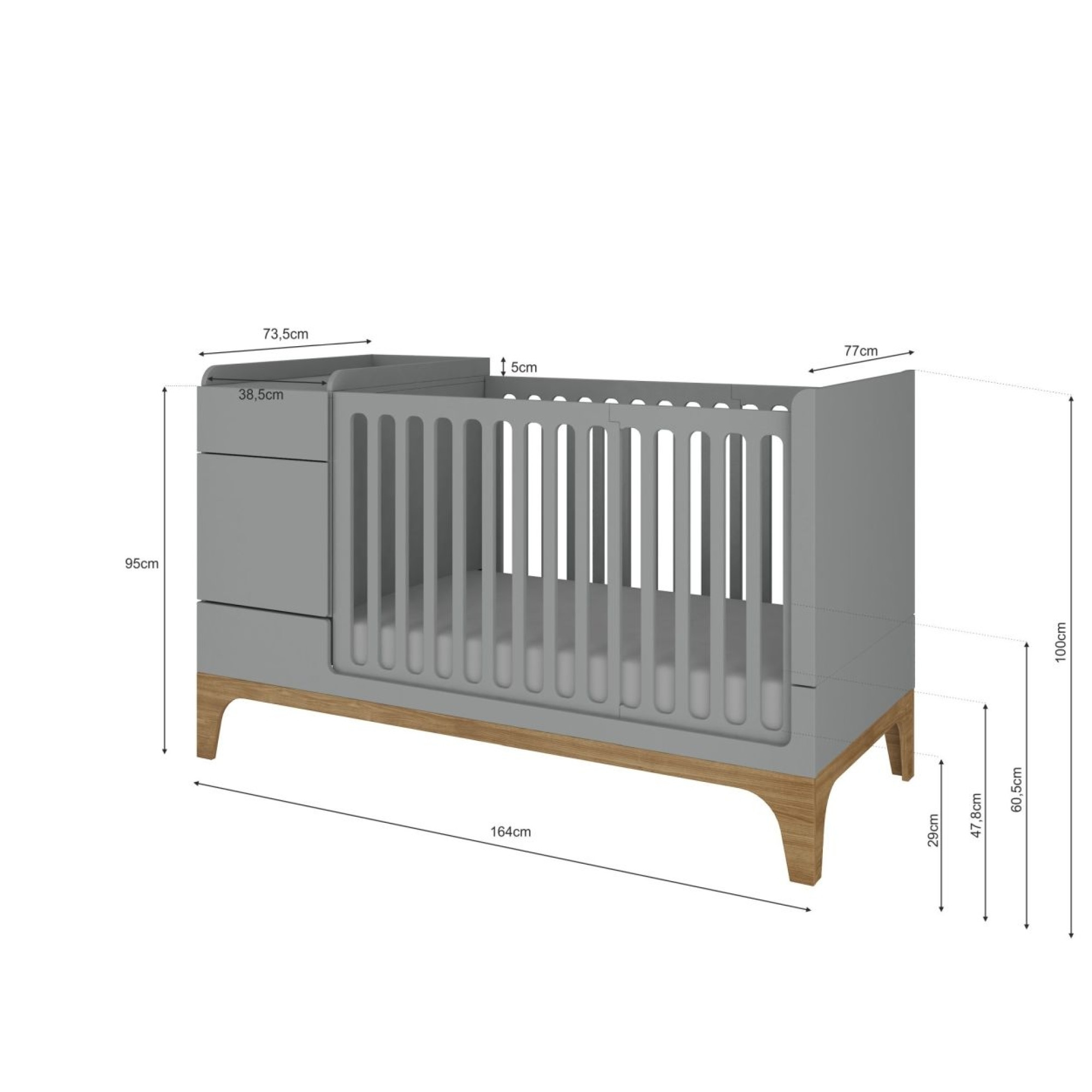 Patut bebe transformabil, UP!, lemn/MDF, gri, 120-160 x 70 cm