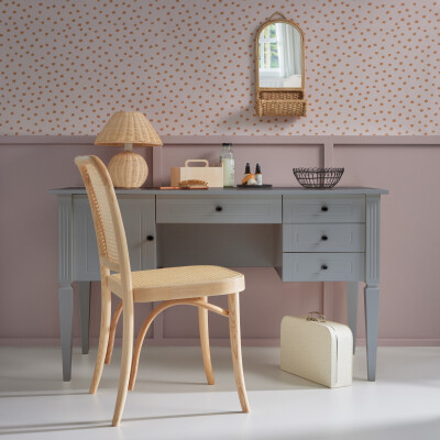 Birou elegant Gri, blat MDF 132x78 cm, picioare de lemn, 4 sertare, dulapior, stil clasic romantic, colectia INES 