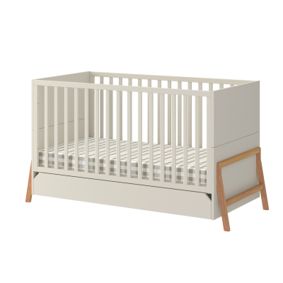 Patut bebe transformabil, cu sertar, lemn/MDF, Latte, stil scandinav, 140 x 70 cm, colectia LOTTA