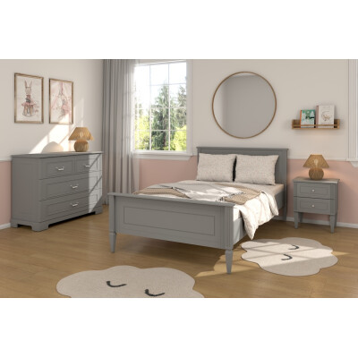 Noptiera pentru pat, 2 sertare, MDF, picioare de lemn, Gri, 59x51 cm, stil clasic romantic, colectia INES