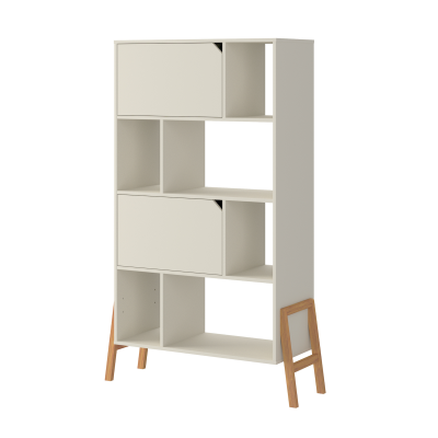 Biblioteca 4 rafturi, 2 dulapioare, PAL, picioare de lemn stejar, Latte, 167x103 cm, stil scandinav, colectia LOTTA