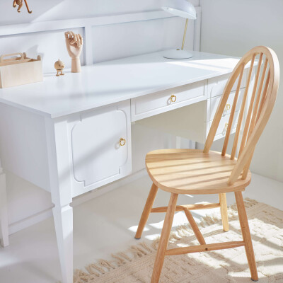 Birou Alb Elegant, blat MDF 60x132 cm, picioare de Lemn, 4 sertare, dulapior, stil clasic-romantic, colectia Royal 