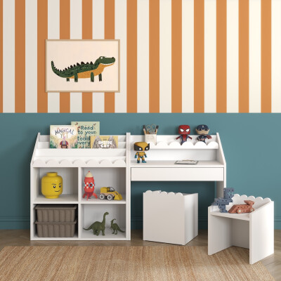 Set BOOK NOOK ALB biblioteca cu birou + 2 scaunele GRATIS 