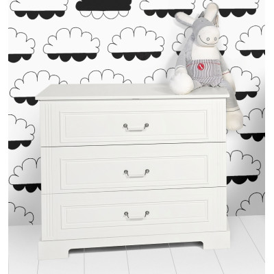 Comoda 3 sertare cu manere de portelan, MDF, Alb, stil clasic-romantic, 120x90 cm, colectia INES