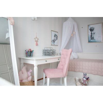 Birou Alb, 2 sertare, blat MDF 120x80 cm, picioare de lemn, stil clasic-romantic, colectia INES  