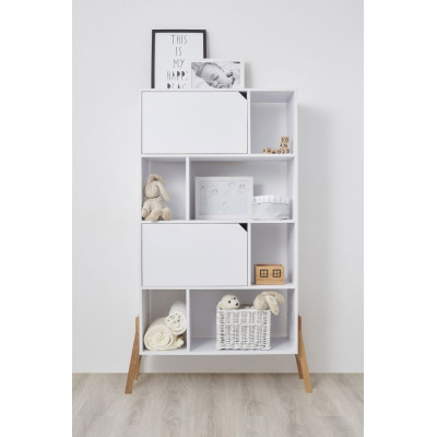 Biblioteca 4 rafturi, 2 dulapioare, PAL, picioare de lemn stejar, Alb, 167x103 cm, stil scandinav, colectia LOTTA