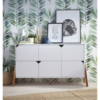 Comoda 6 sertare, PAL cu picioare din lemn de stejar, Alb, stil scandinav, colectia LOTTA