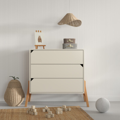 Comoda 3 sertare, PAL, picioare lemn stejar, Latte, stil scandinav, colectia LOTTA