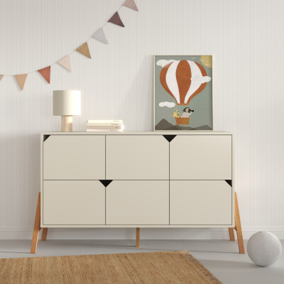 Comoda 6 sertare, PAL cu picioare din lemn de stejar, Latte, stil scandinav, colectia LOTTA