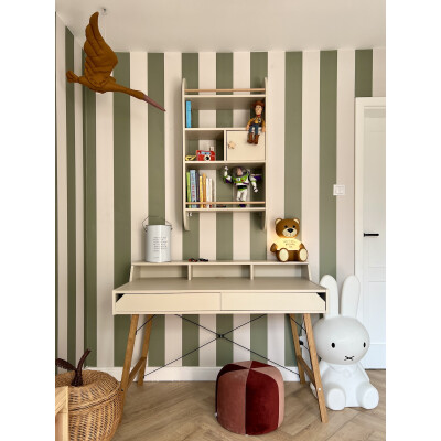 Birou LOTTA Latte, 2 sertare, blat 120x60 cm, picioare lemn de stejar, stil scandinav,