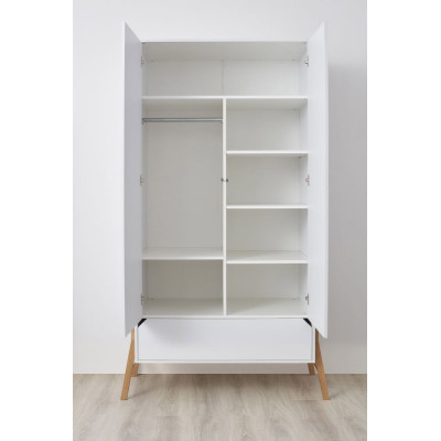 Dulap 2 usi, 1 sertar, PAL, picioare lemn de stejar, Alb, stil scandinav, 200x100 cm, colectia LOTTA