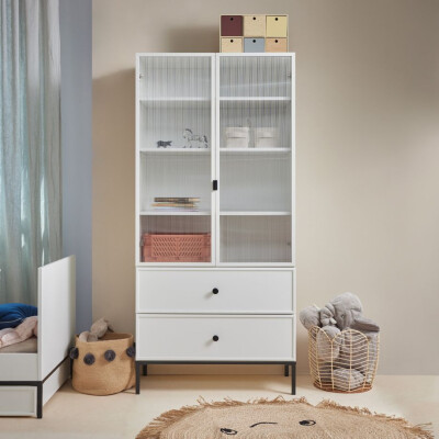 Biblioteca 3 rafturi cu 2 usi, 2 sertare, Lumi, MDF/picioare metalice, ALB, 170x80 cm