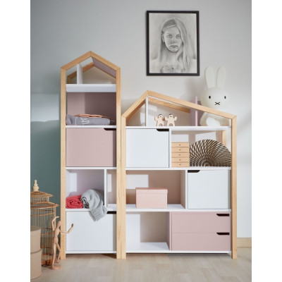 Biblioteca Montessori Kaya, tip casuta, cu 3 rafturi, 2 dulapioare, 2 sertare, lemn de pin, Roz, colectia TATAM, 130x90 cm