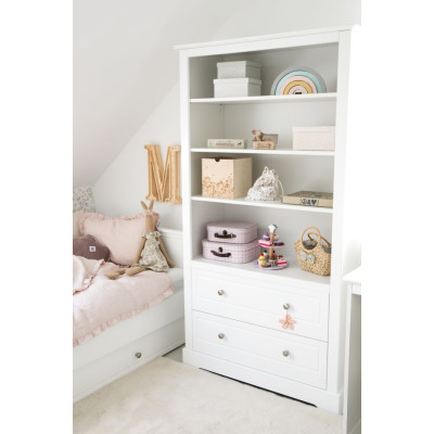 Biblioteca 4 rafturi, 2 sertare, MDF, Alb, stil clasic-romantic, 174x95 cm, colectia Marylou