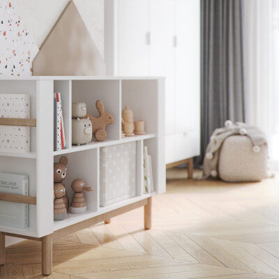 Biblioteca joasa 100 cm, 6 rafturi, din lemn masiv / MDF, colectia Miloo, alb