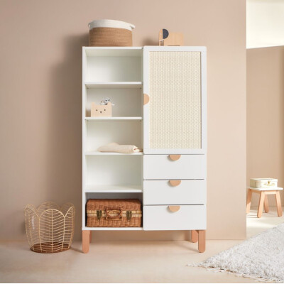 Biblioteca 5 rafturi cu usa si 3 sertare, MDF/lemn de fag, stil Scandinav, Ratan