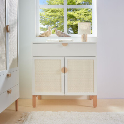 Comoda 2 usi, cu sertar, MDF/lemn de fag, stil Scandinav, Ratan
