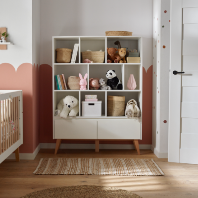 Biblioteca wide 4 rafturi, 2 dulapioare, 2 sertare, MDF/lemn de fag, Swing Alb 160x120 cm