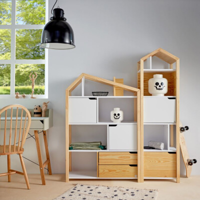 Biblioteca Montessori Joey, tip casuta, cu 3 rafturi, 2 dulapioare, lemn de pin, ALB, colectia TATAM, 160x46 cm