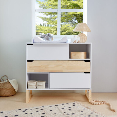 Comoda Montessori, 3 sertare, 2 rafturi, MDF/Lemn de pin, ALB, colectia TATAM