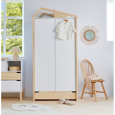 Dulap Montessori, tip casuta, 2 usi, sertar, MDF/lemn de pin, ALB, colectia TATAM, 210x100 cm 
