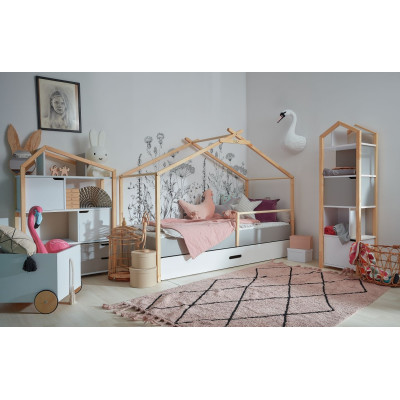 Pat tip casuta, cu sertar, cadru de Lemn, stil Montessori, 90x200, colectia TeePee