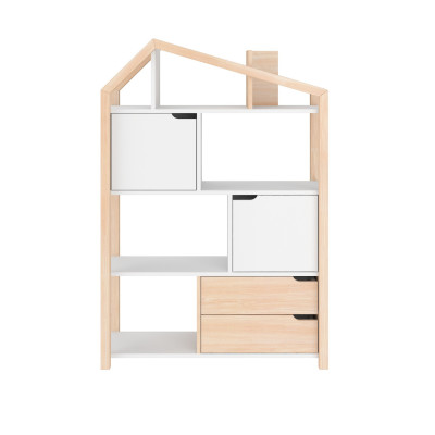 Biblioteca Montessori Kaya, tip casuta, cu 3 rafturi, 2 dulapioare, 2 sertare, lemn de pin, ALB, colectia TATAM, 130x90 cm
