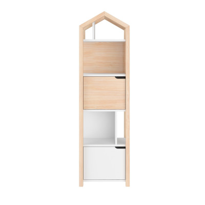 Biblioteca Montessori Joey, tip casuta, cu 3 rafturi, 2 dulapioare, lemn de pin, ALB, colectia TATAM, 160x46 cm