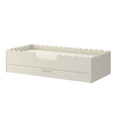 Pat Montessori 80x160, LATTE, MDF si lemn masiv, cu bariere de protectie si sertar colectia Book Nook