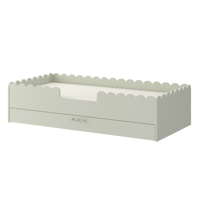 Pat Montessori 80x160, SAGE, MDF si lemn masiv, cu bariere de protectie si sertar colectia Book Nook