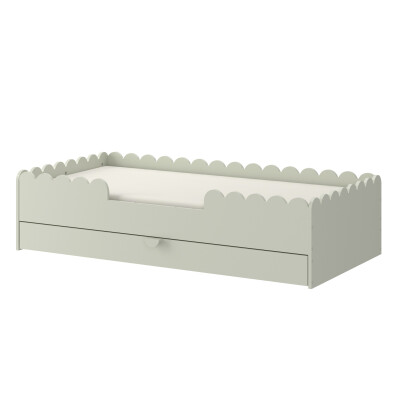 Pat Montessori 80x160, SAGE, MDF si lemn masiv, cu bariere de protectie si sertar colectia Book Nook