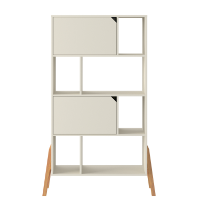 Biblioteca 4 rafturi, 2 dulapioare, PAL, picioare de lemn stejar, Latte, 167x103 cm, stil scandinav, colectia LOTTA