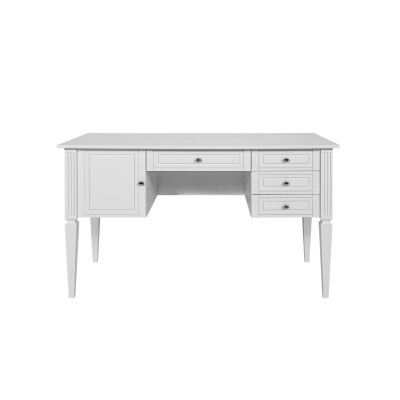 Birou elegant Alb, blat MDF 132x78 cm, picioare de lemn, 4 sertare, dulapior, stil clasic romantic, colectia INES 