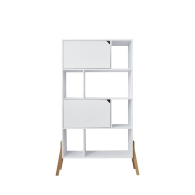 Biblioteca 4 rafturi, 2 dulapioare, PAL, picioare de lemn stejar, Alb, 167x103 cm, stil scandinav, colectia LOTTA