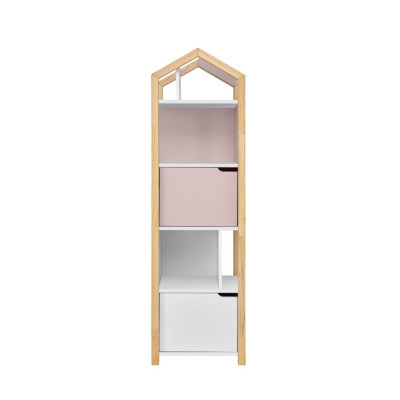 Biblioteca Montessori Joey, tip casuta, cu 3 rafturi, 2 dulapioare, lemn de pin, ROZ, colectia TATAM, 160x46 cm